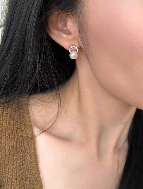 7-8mm White Akoya Pearl CZ Halo Circle Pearl Stud Earrings - Earrings made with hand-selected pearls from House of Pearls