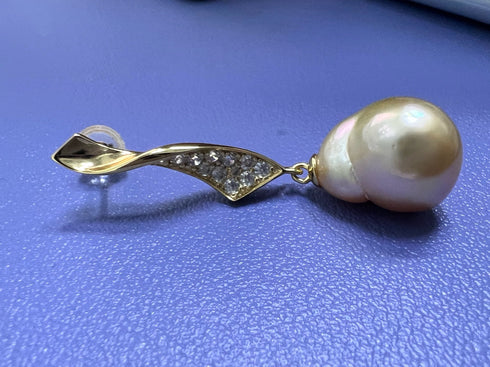 11-12mm Golden South Sea Baroque Pearl Wave Drop Earrings with pavé diamond-accented gold wave