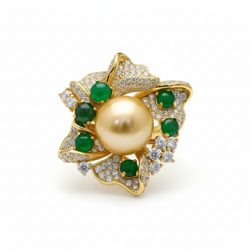 12mm Golden South Sea Pearl Flower Ring in gold with green stones and pave diamonds