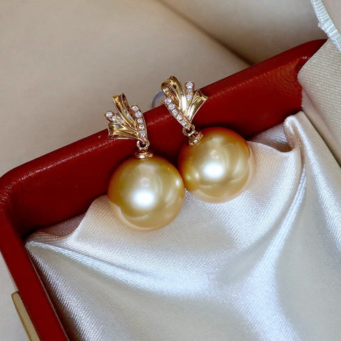 Golden South Sea Pearl & Audrey Earrings - 18K Gold with diamond accents (2 pcs)