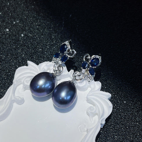 Peacock Black Teardrop Freshwater Pearl Butterfly Earrings