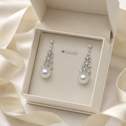 8–9mm freshwater pearl CZ celestial drop earrings with crystal chains in a beige jewelry box (2 earrings)