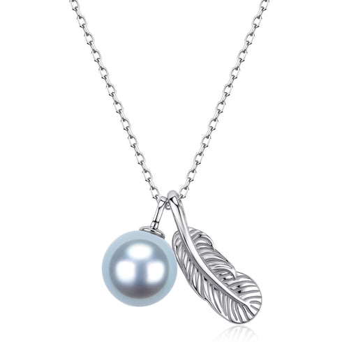 7-8mm Silver Blue Akoya Pearl Feather Pendant Necklace