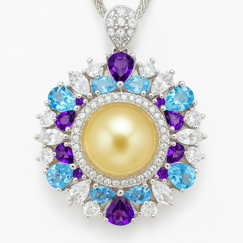 13-14mm Golden South Sea Pearl Radiant Halo Pendant Necklace