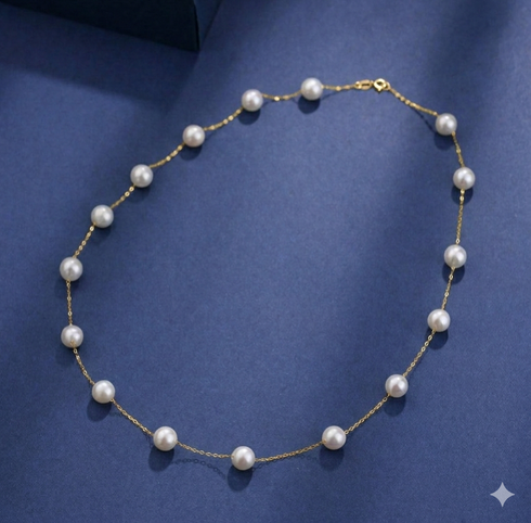White 7-8mm Chinese Akoya Cultured Pearl Tincup Necklace 18K Gold - Necklaces made with hand-selected pearls from House of Pearls