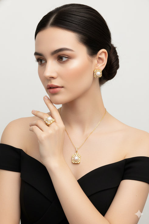 Button Pearl Gold Jewelry Set