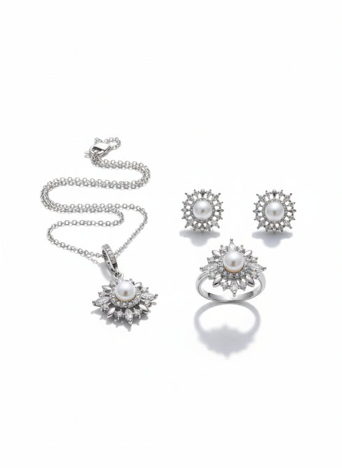 Starburst Pearl Jewelry Set: necklace, ring, and stud earrings by House of Pearls-TA; pearl centers with silver-tone.