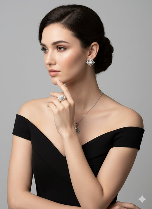 Starburst Pearl Jewelry Set by House of Pearls-TA; 3-piece pearl halo earrings, pendant necklace, and ring on a model
