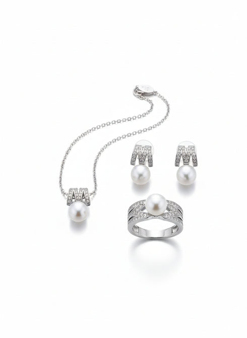 Pearl Pavé Letter M Jewelry Set