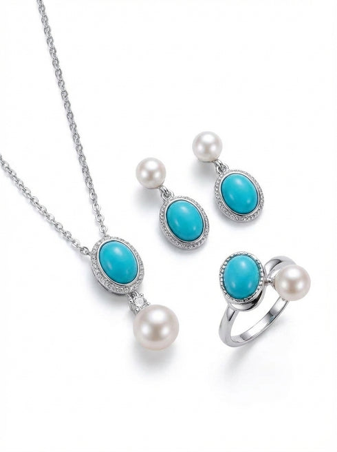 Turquoise Pearl Classic Set: silver-tone necklace, earrings and ring with turquoise cabochons and pearls