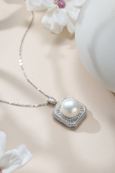 Necklace pendant featuring a 10-11mm white freshwater pearl with a zirconia halo by House Of Pearls - JX