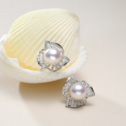 8–9mm Akoya Pearl Geometric Swirl Stud Earrings in silver-tone with pave crystals