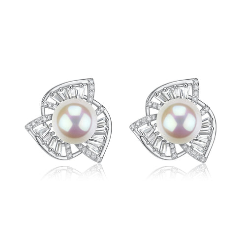 Aurora White Freshwater Pearl Floral Stud Earrings, a pair from House Of Pearls with crystal-accented silver petals