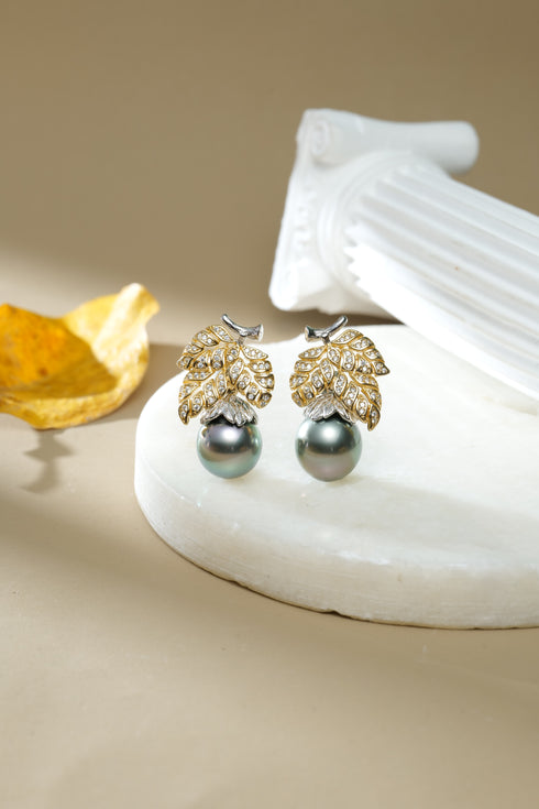 House Of Pearls Tahitian Pearl Stellar Drop Earrings, gold-tone leaf setting with dark pearls (2)