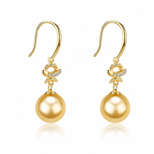 Golden South Sea Pearl & CZ Drop Earrings, gold-tone drops with CZ accents and curved top, pair