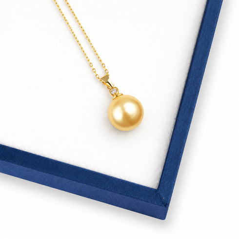 Necklace: Golden South Sea Pearl & Mary Pendant on 18K gold chain, diamond accent, House Of Pearls - FT.
