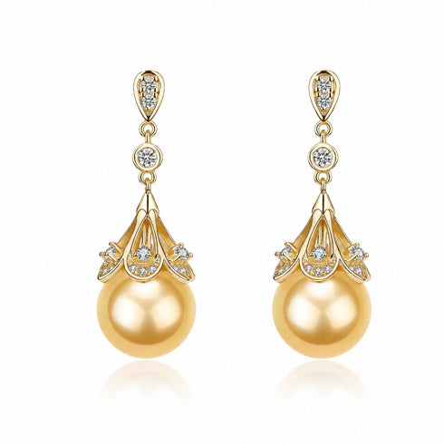 Pair of gold-tone Golden South Sea pearl & CZ Luise Earrings with crown-style setting.