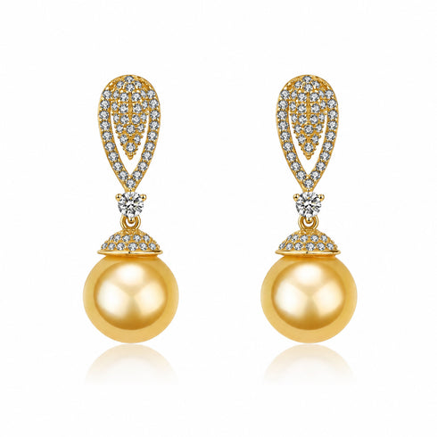 Golden South Sea pearl and CZ earrings, pair, gold-tone with pavé crystals, by House Of Pearls - FT