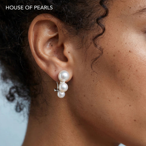 Graduated freshwater pearl trio clip-on earrings, white pearls with silver clip-on backs, by House Of Pearls -TA