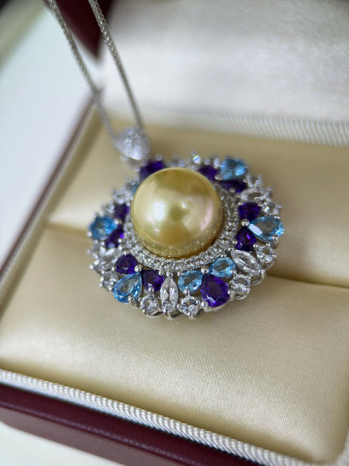 13-14mm Golden South Sea Pearl Radiant Halo Pendant Necklace