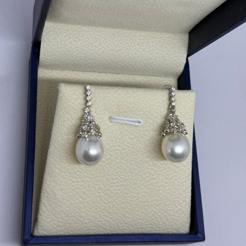 Pair of Regal Crown Earrings with 10–11mm Australian White South Sea pearls and diamond crowns