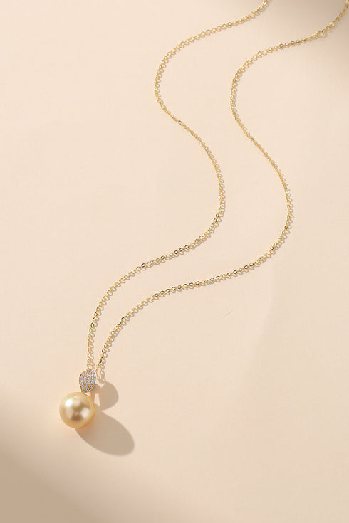 11-12mm Golden South Sea Pearl & Leaf Pendant Necklace 18K Gold - House Of Pearls