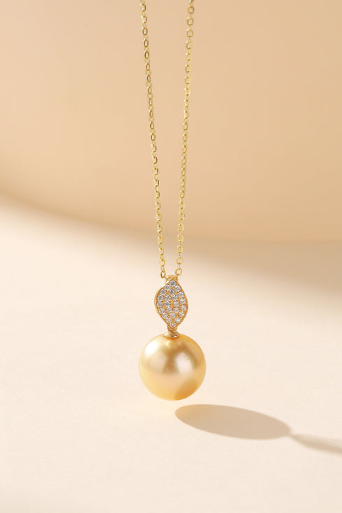11-12mm Golden South Sea Pearl & Leaf Pendant Necklace 18K Gold - House Of Pearls