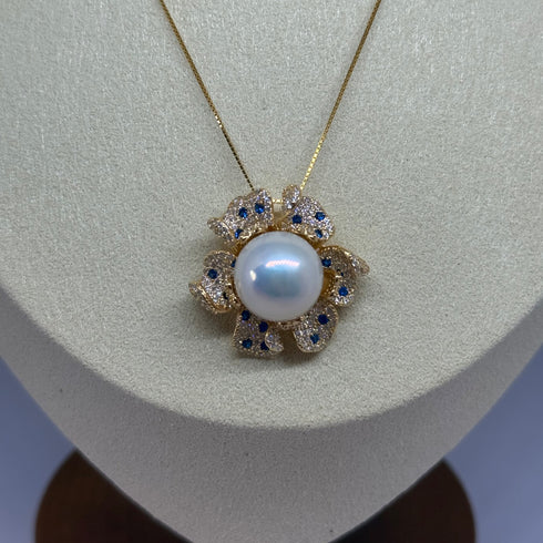 13–14mm Edison Pearl Floral Sapphire Halo Pendant Necklace on gold chain by House Of Pearls - JX