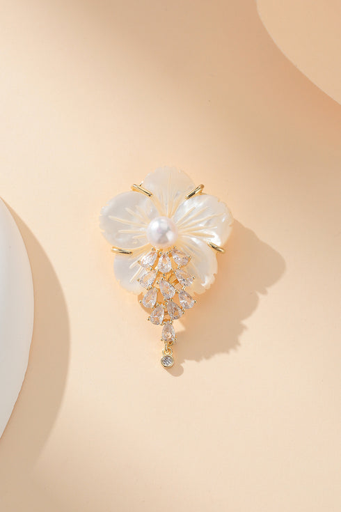Shell Carved Flower Pearl Cubic Zirconia Brooch - House Of Pearls