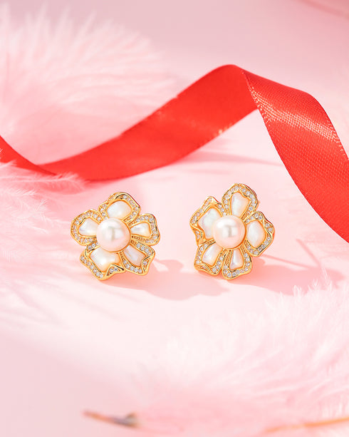 White Shell Flower Freshwater Pearl Earrings - House Of Pearls
