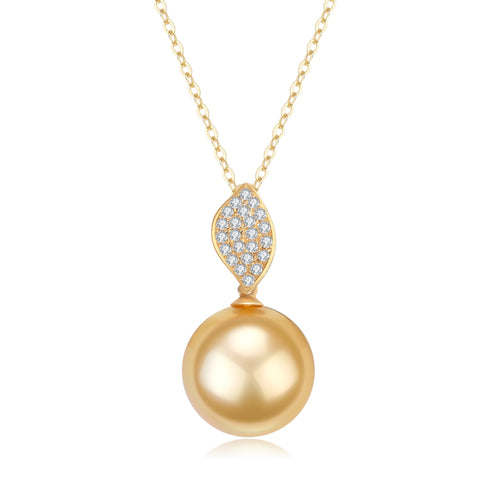 11-12mm Golden South Sea Pearl & Leaf Pendant Necklace 18K Gold - House Of Pearls