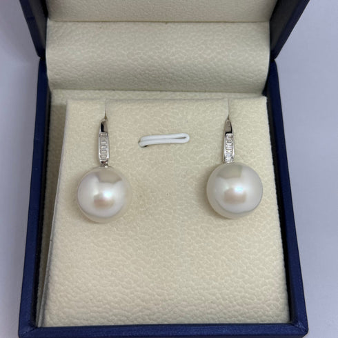Earrings: 13–14mm Edison Pearl drop with baguette-set hooks, House Of Pearls - JX.