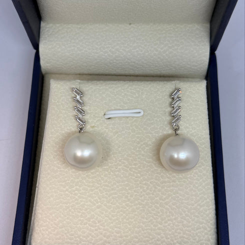 Earrings pair Edison Pearl Geometric Drop, 11–12mm white pearls with silver baguette accents, House Of Pearls - JX