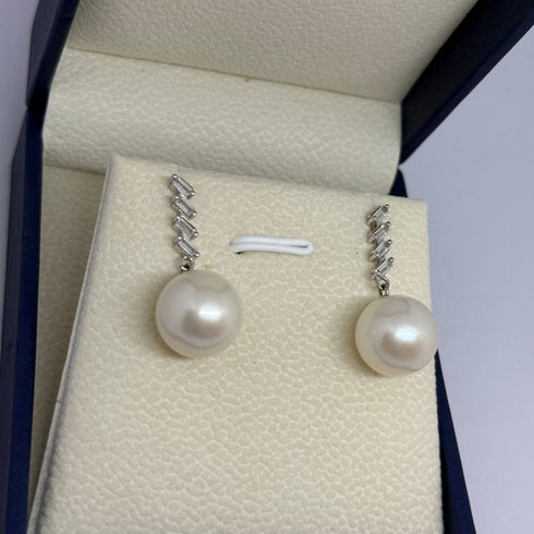Pair of Edison pearl geometric drop earrings, 11–12mm, silver chain, House Of Pearls - JX