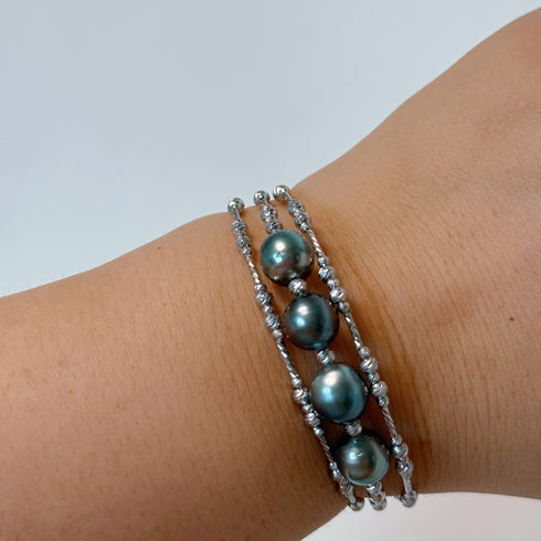 3-9mm Tahitian Pearl Bracelet set of three on silver twisted-rope chains, House Of Pearls -TA