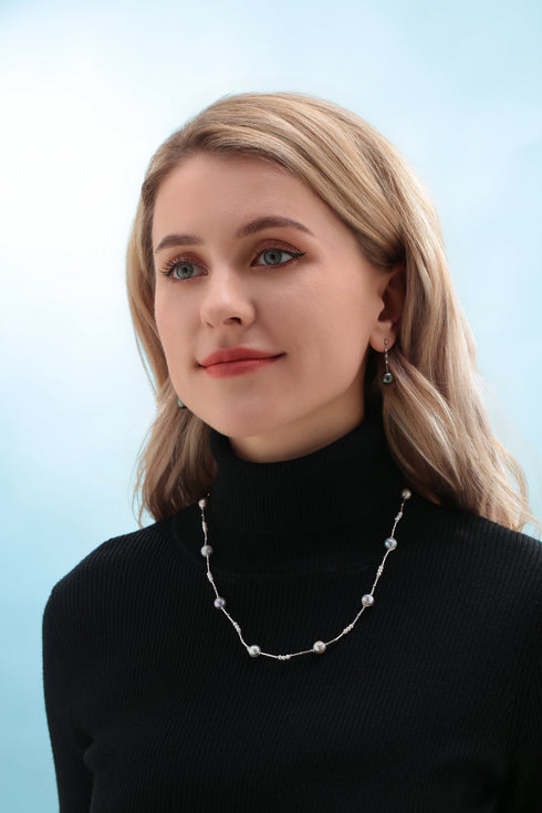 Silver Blue Seawater Tin Cup Beaded Pearl Necklace - House Of Pearls