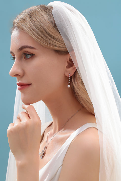 6-7mm Freshwater Pearl & Long Drop Cubic Zirconia Earrings - House Of Pearls