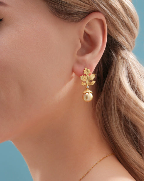 10-11mm Golden South Sea Baroque Pearl & Maple Leaf Earrings - House Of Pearls