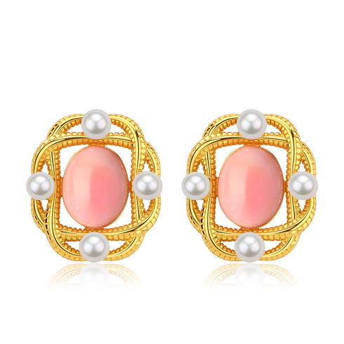 Square Pink Queen Conch Shell Pearls Earrings Gold Vermeil - House Of Pearls