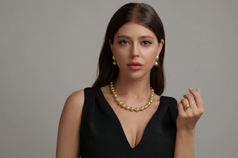 Earrings: 12-13mm Golden South Sea Baroque Pearl Brushed Gold Oval Drop by House Of Pearls LC