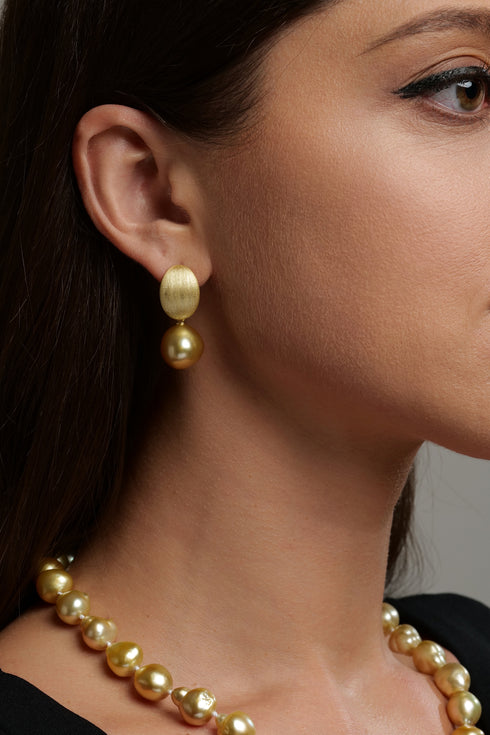 Earrings: brushed gold oval drop with 12-13mm Golden South Sea Baroque pearl, House Of Pearls - LC