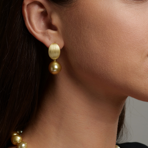 Earrings: 12–13mm Golden South Sea Baroque Pearl with brushed gold oval drop by House Of Pearls - LC