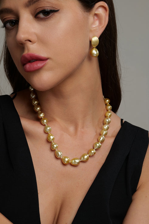 Earrings: 12-13mm Golden South Sea Baroque Pearl drop with brushed gold oval top, House Of Pearls LC