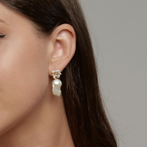 Earrings: Freshwater Pearl Baroque Drop Cluster Floral Earrings by House of Pearls - MD; gold-tone with pearl cluster.