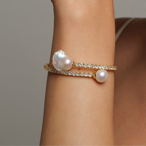 Crystal Baroque Bracelet set: two gold-tone bracelets with crystal pavé and baroque pearls.