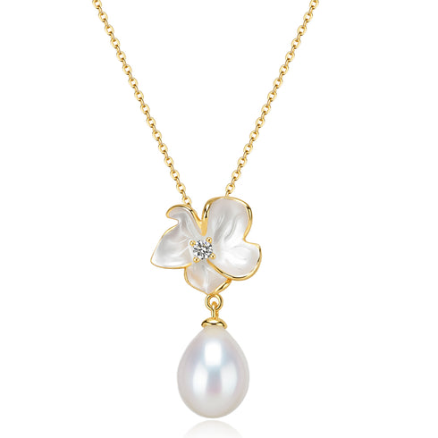 Magnolia Enamel Pearl Drop Necklace