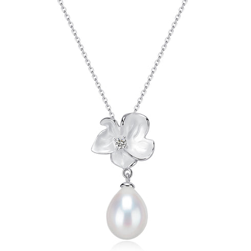 Magnolia Enamel Pearl Drop Necklace