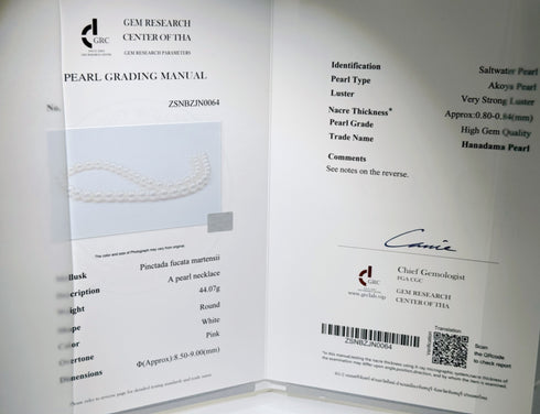 8.5-9.0mm Japanese Akoya Hanadama Pearl Necklace, GRC certified, white strand