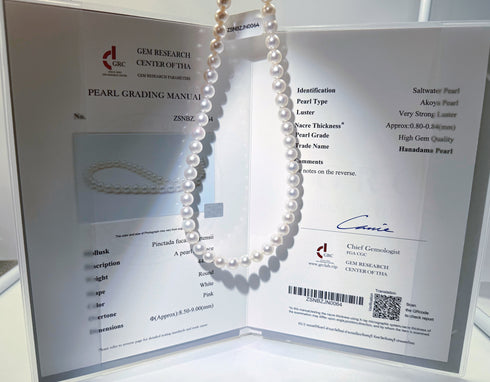 8.5-9.0mm Japanese Akoya Hanadama pearl necklace by House Of Pearls, GRC certified