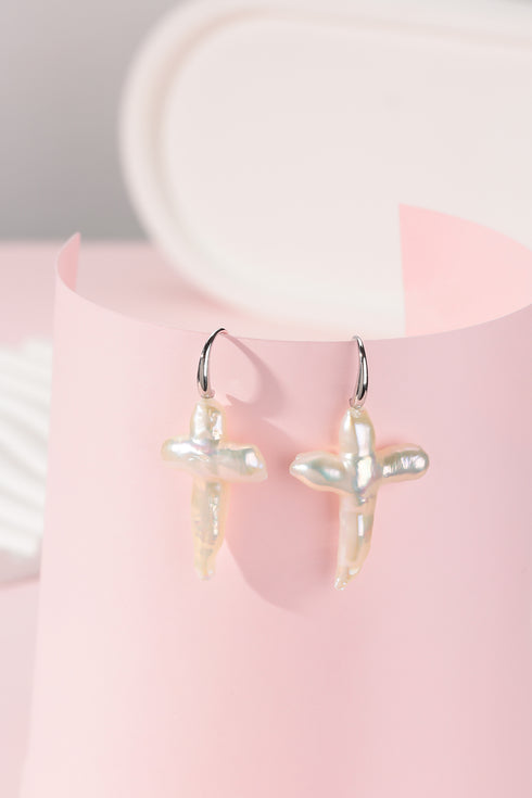 Cross Pearl Hook Earrings - House Of Pearls